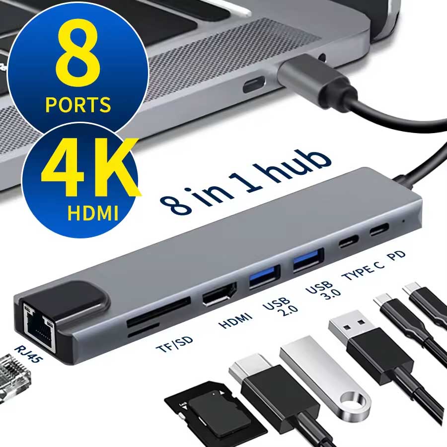 HDMI TV Adapter, Audio Video Card Reader TYPE-C PD Charger RJ45 Ethernet Port 8-in-1 USB-C Hub - NWZ87 2211-2
