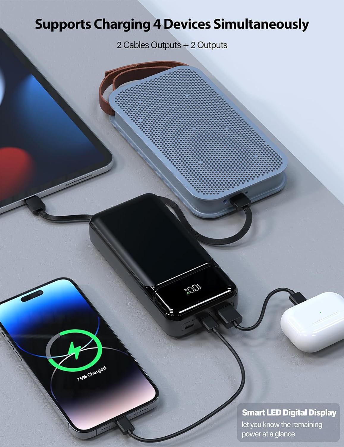 10000mAh Power Bank , LED Display Built-in Cable Portable Charger Backup Battery 22.5W PD Fast Charge - NWG38 2037-9