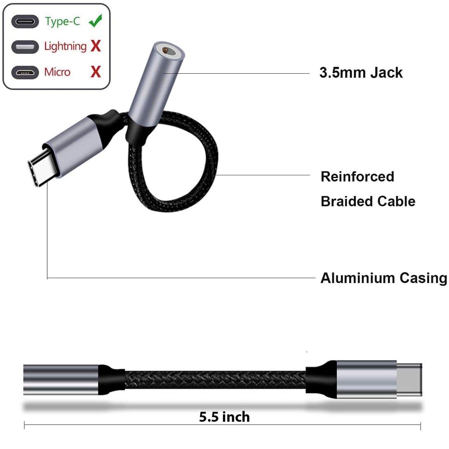 USB-C Earphone Adapter, Mic Support Adaptor 3.5mm Female to USB-C Male Port Converter Headphone Audio Jack - NWS92 2193-2