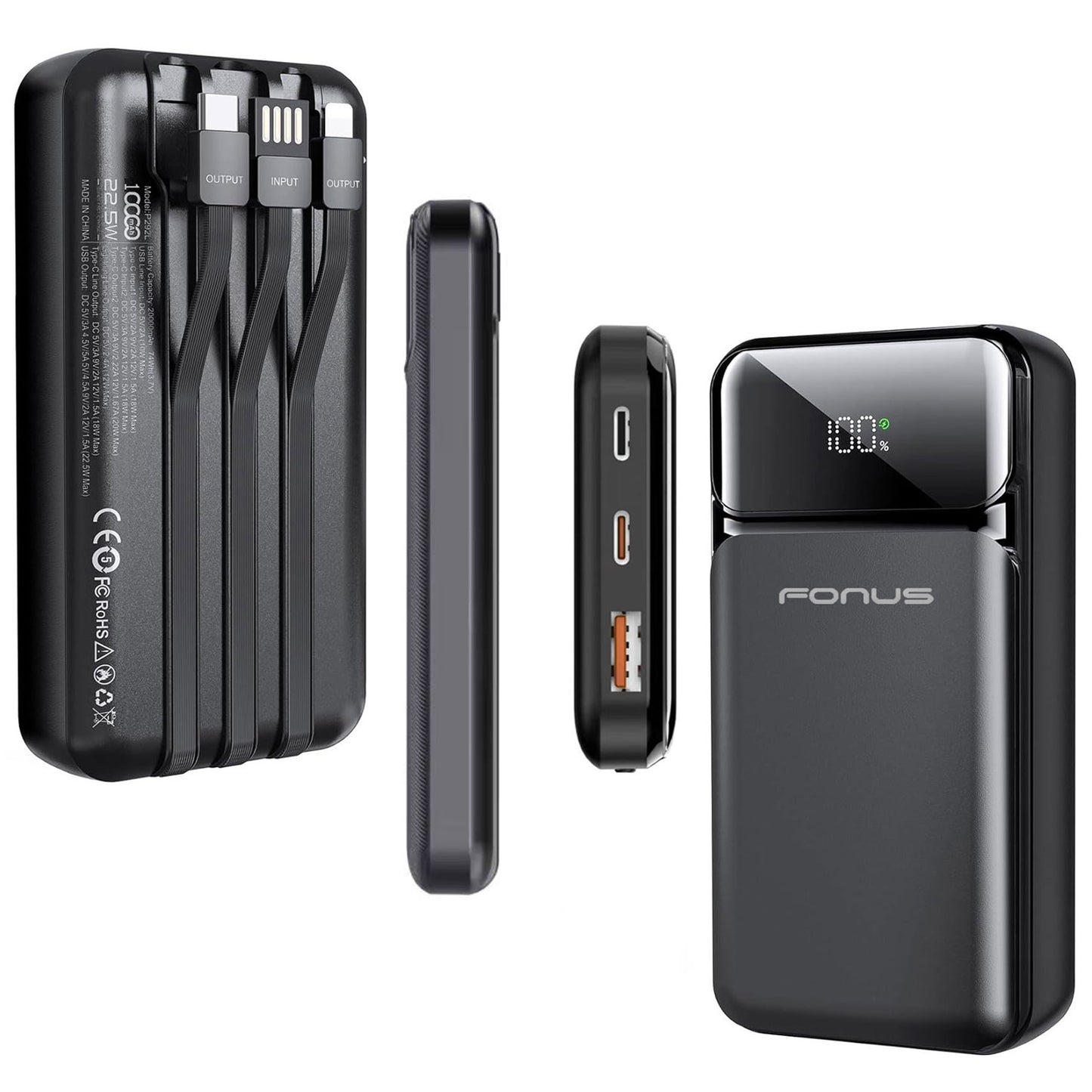 10000mAh Power Bank , LED Display Built-in Cable Portable Charger Backup Battery 22.5W PD Fast Charge - NWG38 2037-7