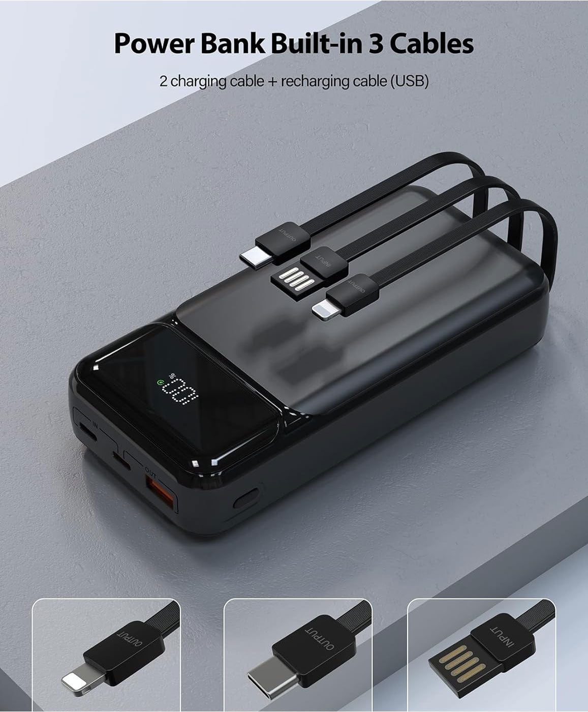 10000mAh Power Bank , LED Display Built-in Cable Portable Charger Backup Battery 22.5W PD Fast Charge - NWG38 2037-2