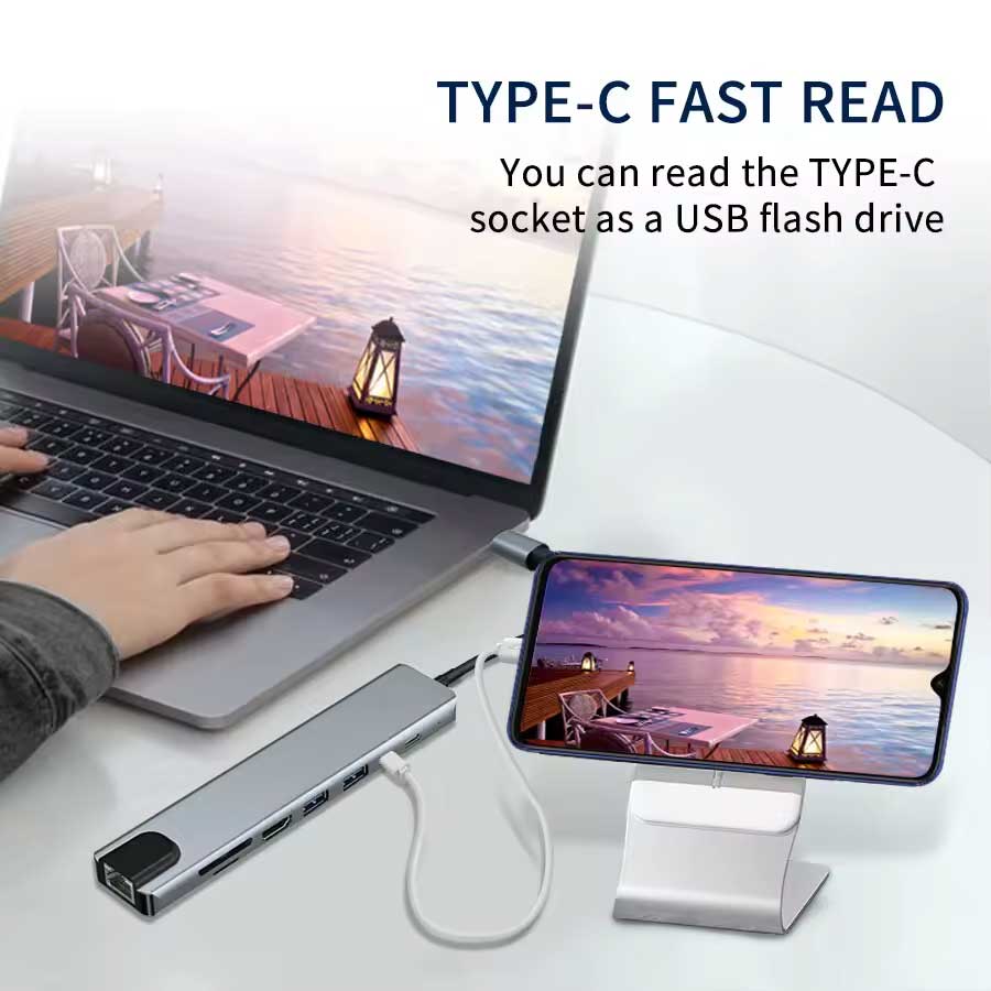 HDMI TV Adapter, Audio Video Card Reader TYPE-C PD Charger RJ45 Ethernet Port 8-in-1 USB-C Hub - NWZ87 2211-3