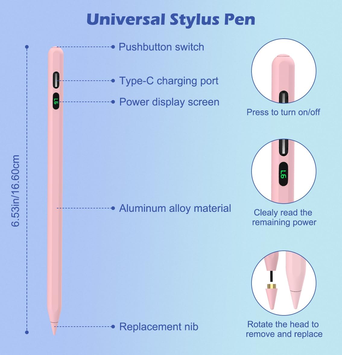 Active Digital Display Stylus, Palm Rejection Rechargeable Capacitive Pink Touch Pen - NWV63 2100-3