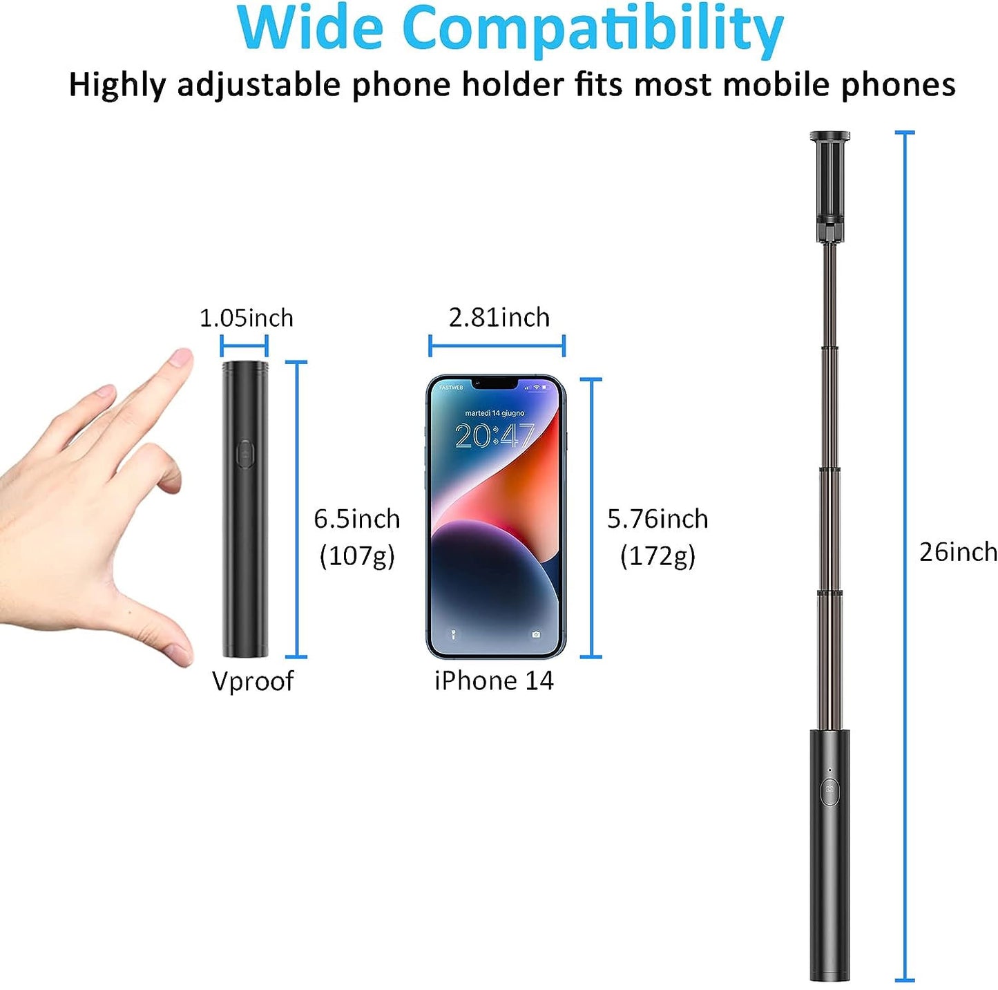 Selfie Stick , Extendable Self-Portrait Remote Shutter Lightweight Aluminum Wireless - NWG36 2033-3