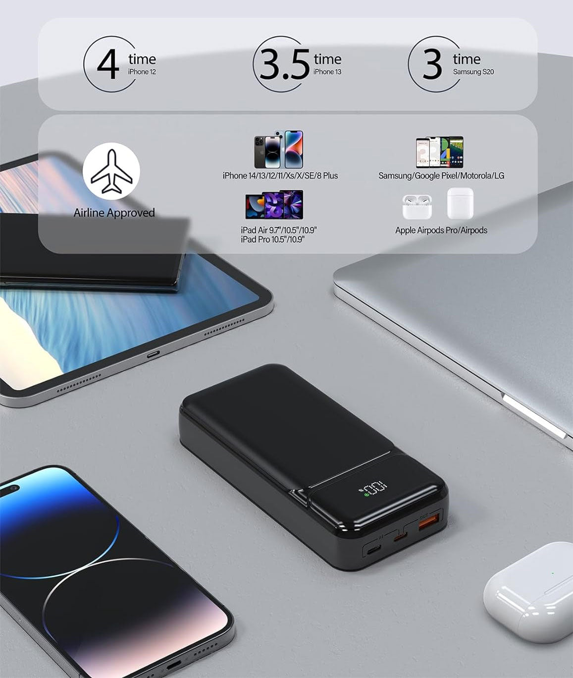 10000mAh Power Bank , LED Display Built-in Cable Portable Charger Backup Battery 22.5W PD Fast Charge - NWG38 2037-4