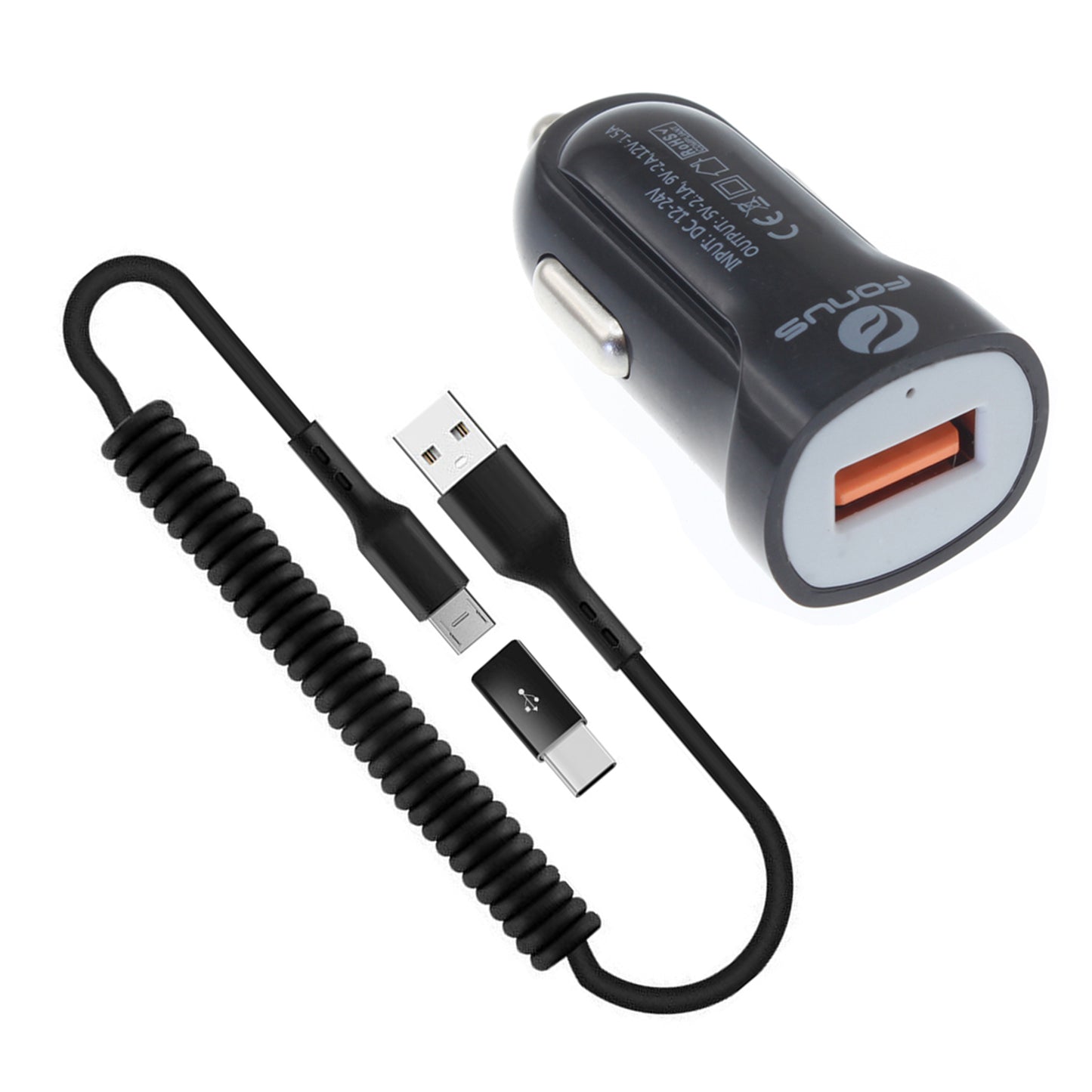 24W Fast Car Charger , Quick Charge Wire Power Cord Micro-USB to USB-C Adapter Coiled USB Cable - NWK78 1880-1