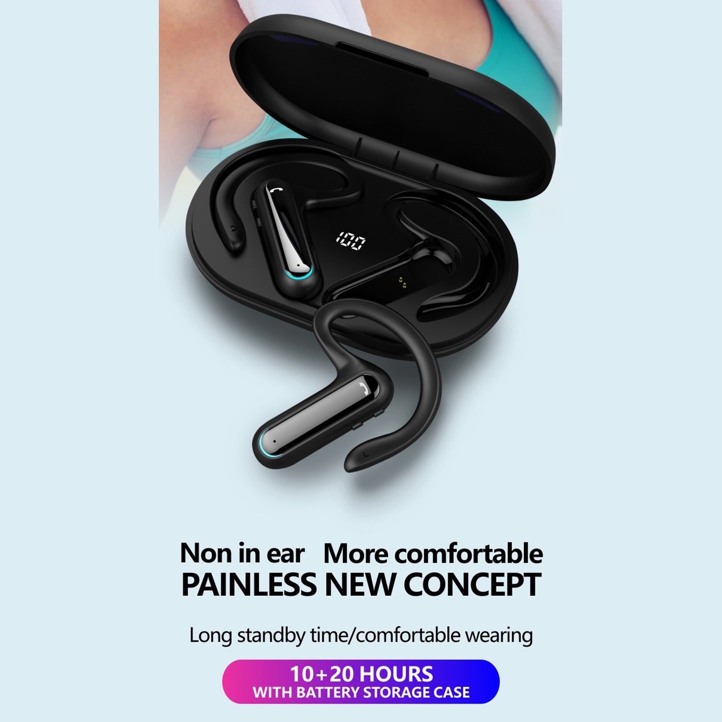 Ear-hook TWS Earphones, Charging Case True Stereo Ear hook Headphones Bluetooth Earbuds Wireless - NWZ19