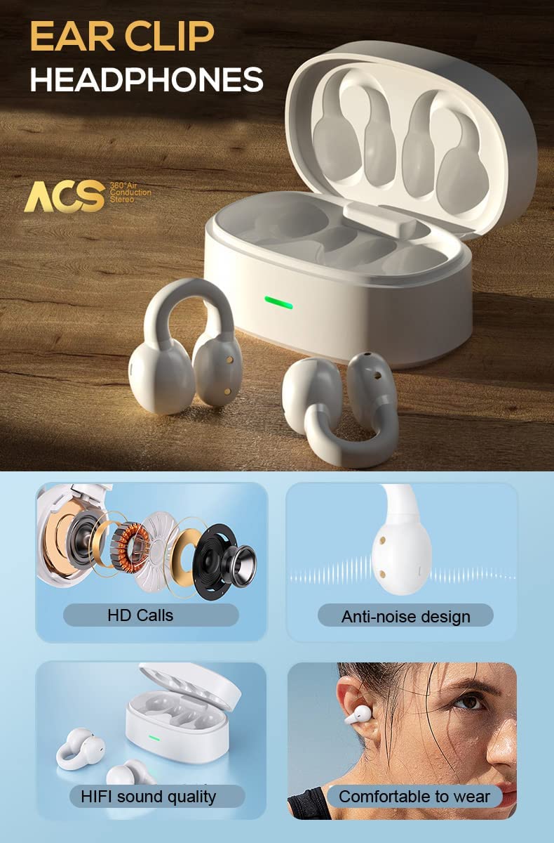 Wireless Ear-Clip TWS Earphones , Headset Hands-free Mic Charging Case True Stereo Bluetooth Earbuds - NWZ33