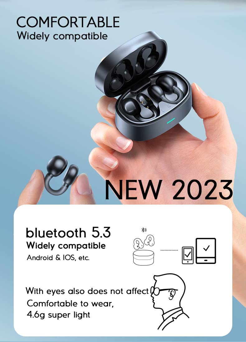 Wireless Ear-Clip TWS Earphones, Hands-free Mic Charging Case True Stereo Bone Conduction Headphones Bluetooth Earbuds - NWZ30