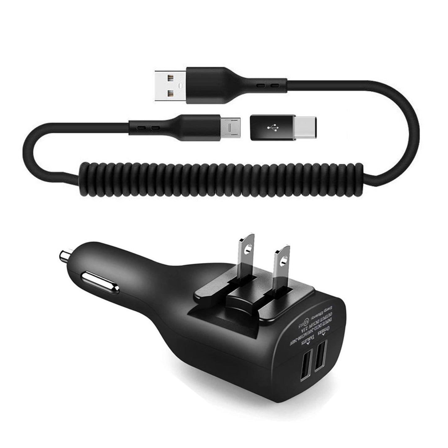 2-in-1 Car Home Charger, Black Power Wire Charger Cord Micro-USB to USB-C Adapter Coiled USB Cable - NWE96 1882-1