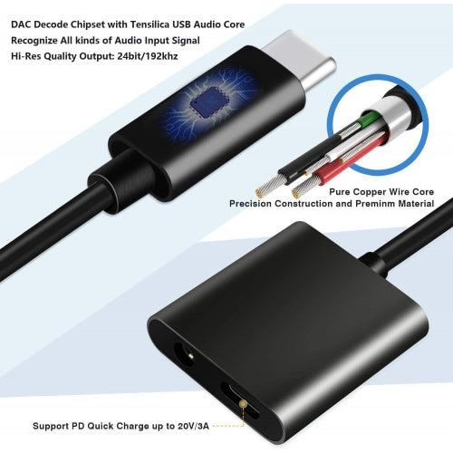 USB-C Headphone Adapter, Mic Support Splitter Charger Port 3.5mm Jack Earphone - NWG76