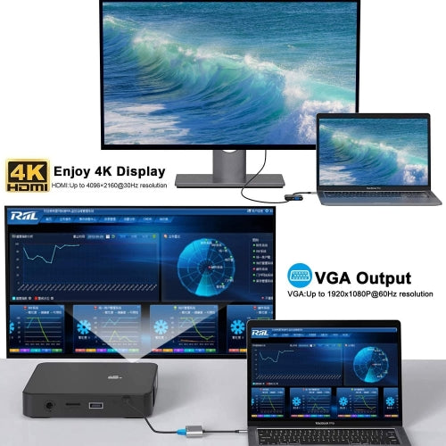 USB-C to HDMI VGA Adapter, Projector Converter TV Video Hub HDTV Cable Video Splitter - NWF91