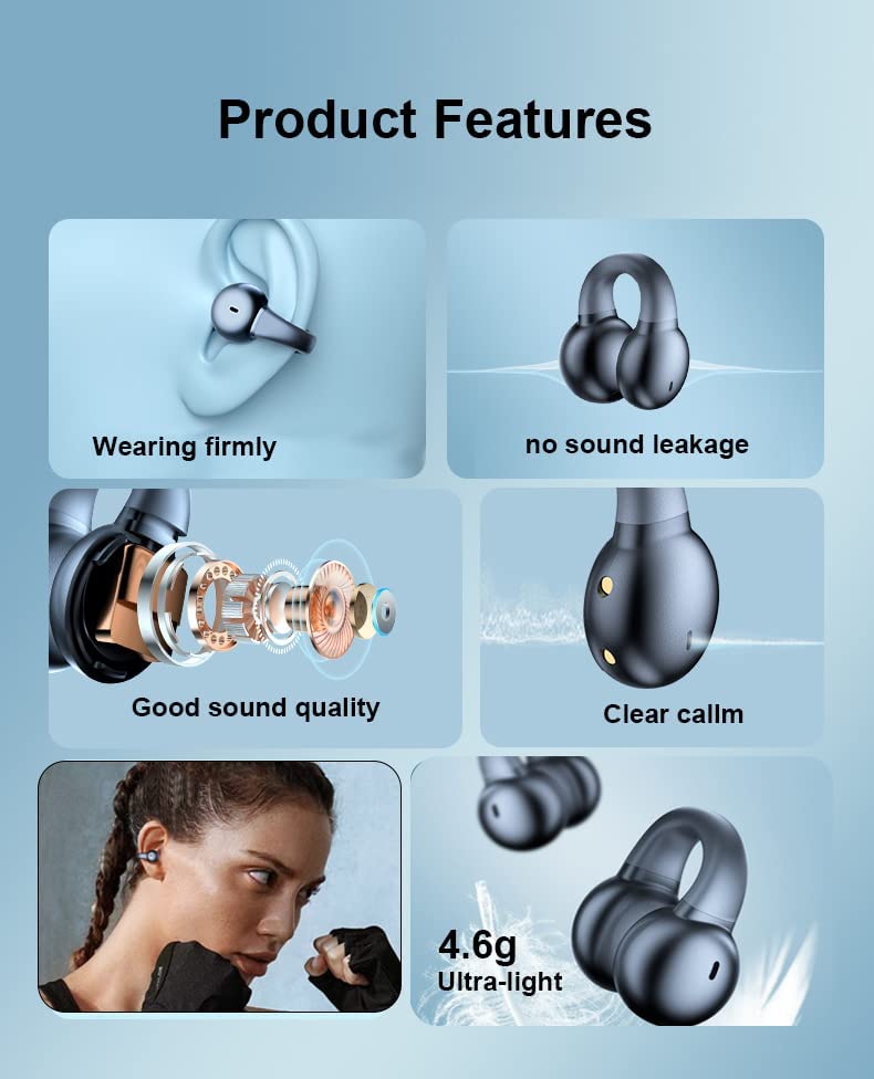 Wireless Ear-Clip TWS Earphones, Hands-free Mic Charging Case True Stereo Bone Conduction Headphones Bluetooth Earbuds - NWZ30
