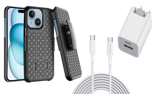 Belt Clip Case and Fast Home Charger Combo, 2-Port Quick Charge Kickstand Cover 6ft Long USB-C Cable PD Type-C Power Adapter Swivel Holster - NWZ97+G87 2009-1