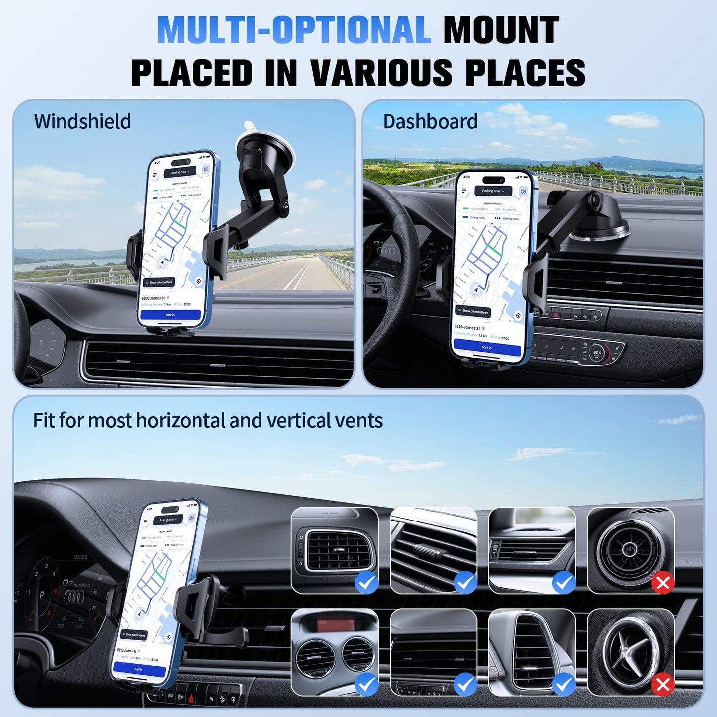 Car Mount,  Suction Glass Cradle Phone Holder  Air Vent   Windshield   - NWD38 1999-2