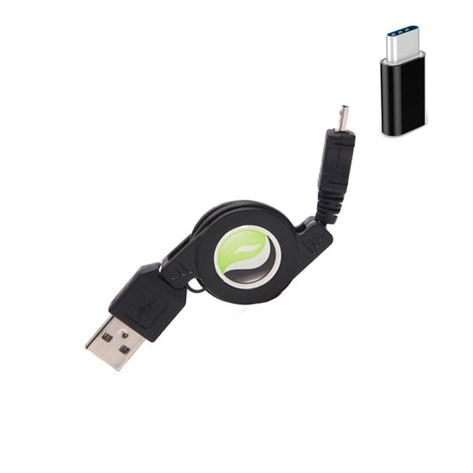 Retractable Cable with USB-C Adapter, Black Sync Fast Charger Cord Power Wire - NWC92+USB-C 2132-1