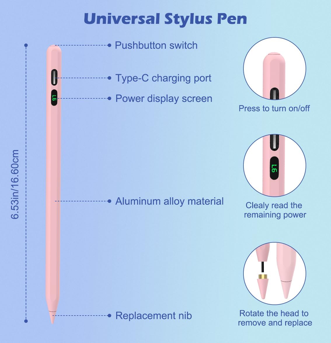 Active Digital Display Stylus,  Palm Rejection Rechargeable Capacitive Pink Touch Pen  - NWV63 2100-3