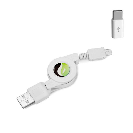 Retractable Cable with USB-C Adapter,  White  Sync Type-C Fast Charger Cord Power Wire  - NWC65+USB-C 2131-1