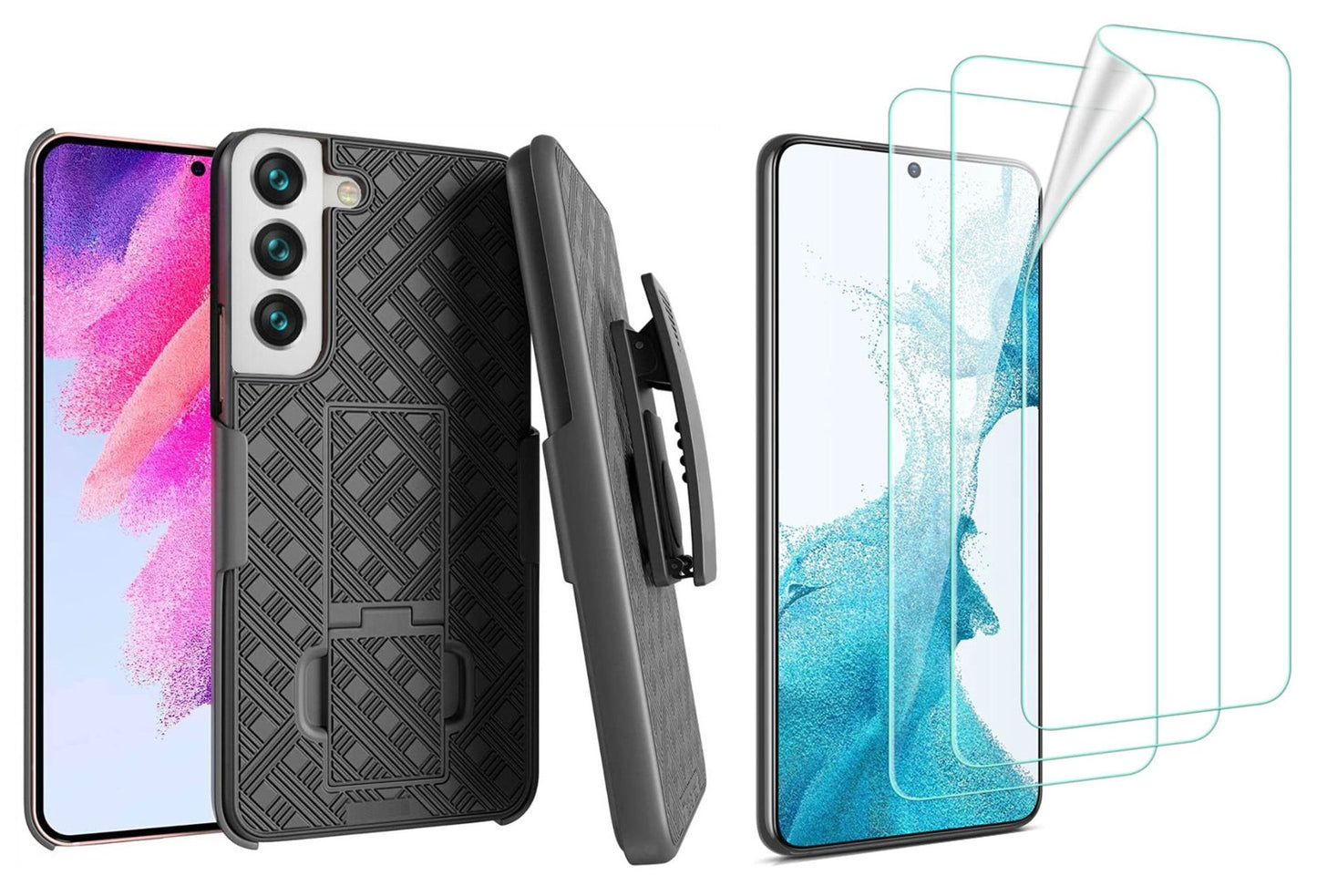 Belt Clip Case and 3 Pack Screen Protector , Fingerprint Works Anti-Glare Kickstand Cover TPU Film Swivel Holster - NWA86+3Z38