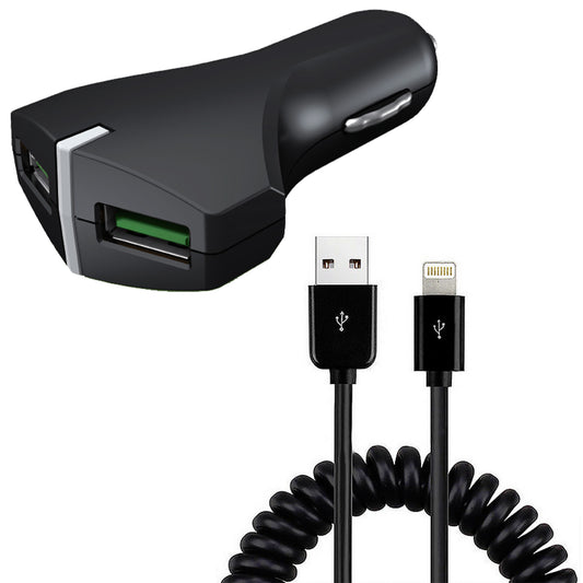 Car Charger, DC Socket Quick Charge Coiled Cable 2-Port USB 36W Fast - NWE38
