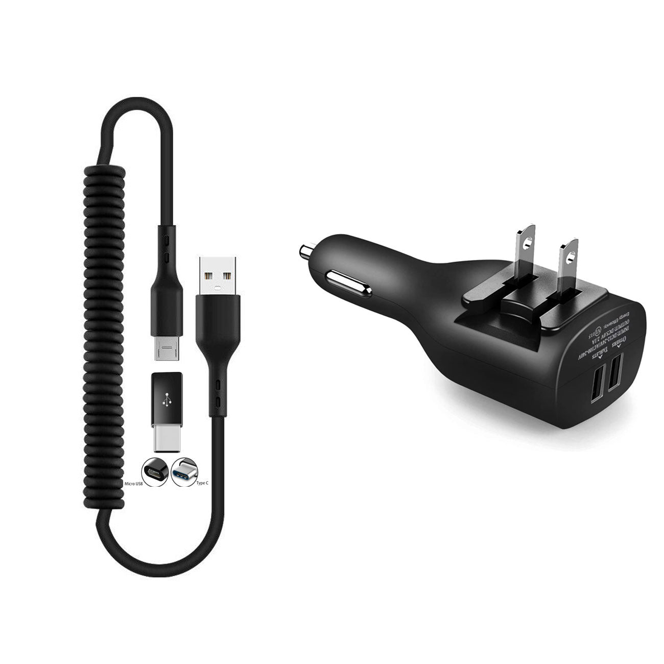 2-in-1 Car Home Charger, Black Power Wire Charger Cord Micro-USB to USB-C Adapter Coiled USB Cable - NWE96