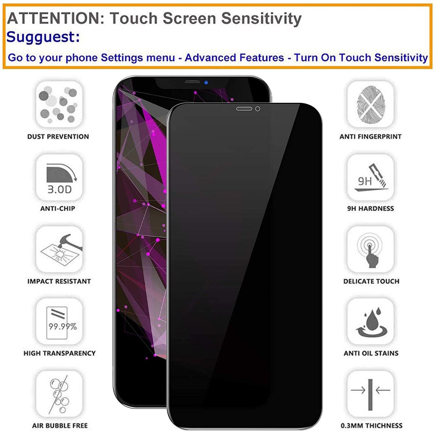 3 Pack Privacy Screen Protector., 3D Edge Anti-Peep Anti-Spy Curved Tempered Glass - NW3G28