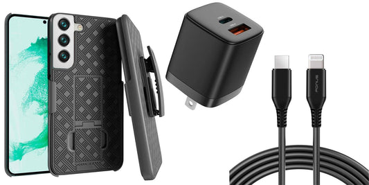 Belt Clip Case and Fast Home Charger Combo, 2-Port Quick Charge Kickstand Cover 6ft Long USB-C Cable PD Type-C Power Adapter Swivel Holster - NWA86+G88