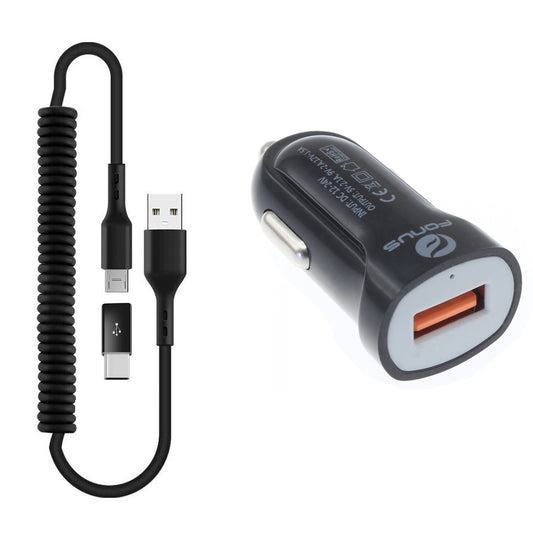 24W Fast Car Charger , Quick Charge Wire Power Cord Micro-USB to USB-C Adapter Coiled USB Cable - NWK78