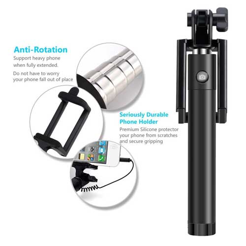 Wired Selfie Stick, Extendable Self-Portrait Built-in Remote Shutter Monopod - NWB41