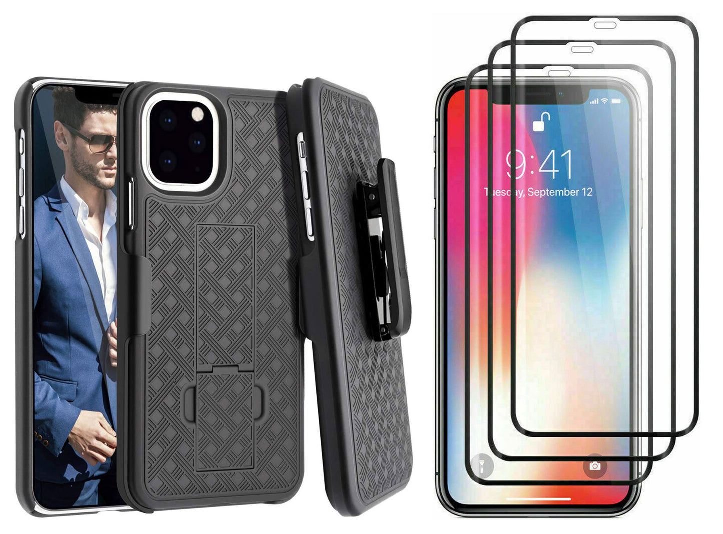 Belt Clip Case and 3 Pack Screen Protector, Curved Edge 5D Touch Kickstand Cover Tempered Glass Swivel Holster - NWM27+3R49