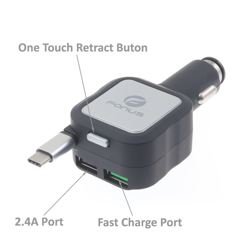 Car Charger, Fast Charge 2-Port USB Type-C 4.8Amp Retractable - NWM43