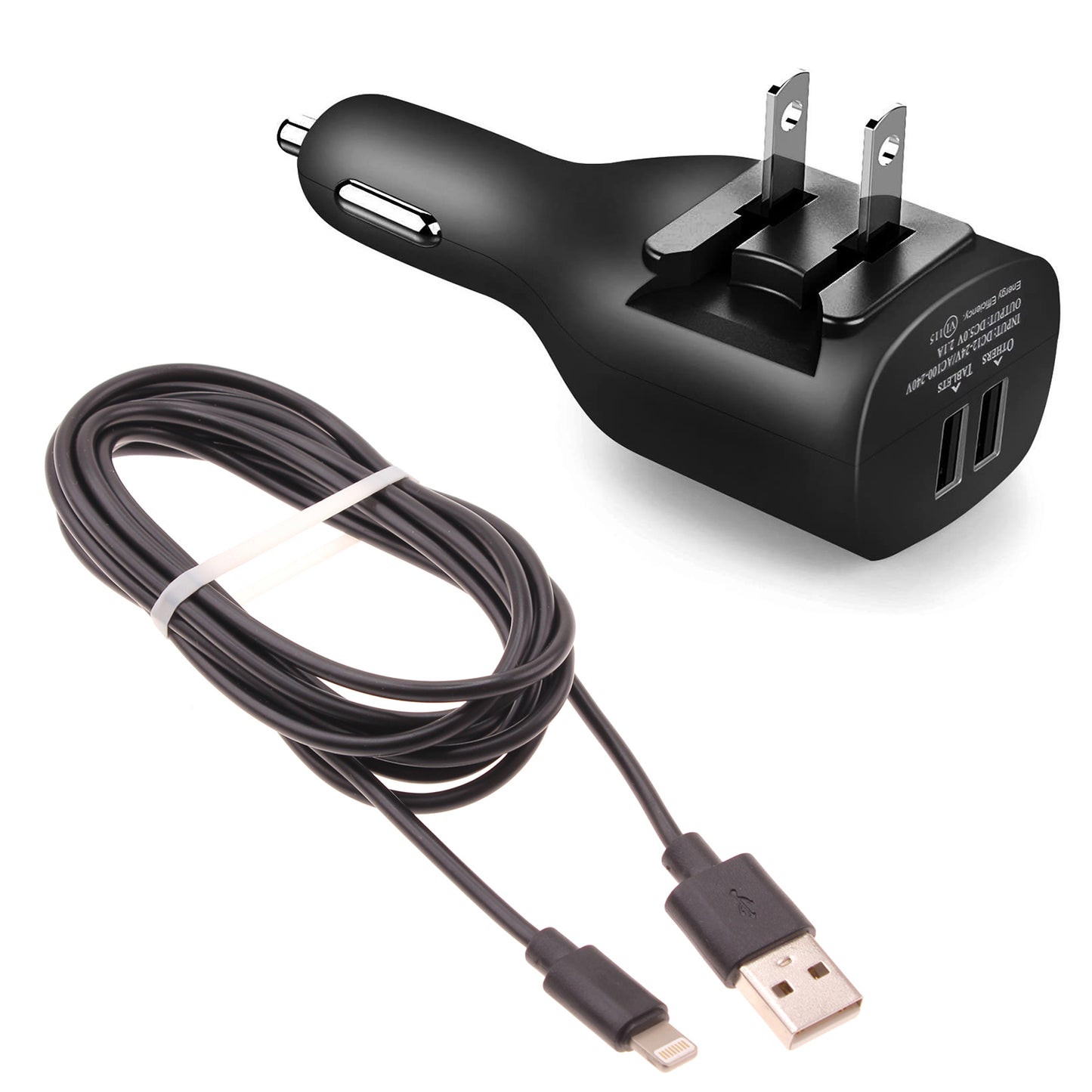 2-in-1 Car Home Charger, Folding Prongs Charging Wire Travel Adapter Power Cord 6ft Long USB Cable - NWY11