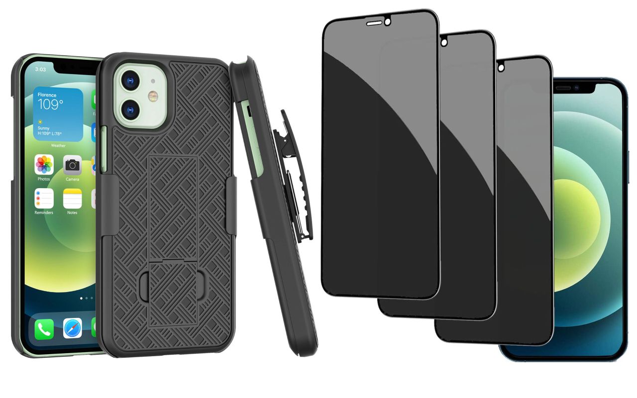 Belt Clip Case and 3 Pack Privacy Screen Protector , Anti-Peep Anti-Spy Kickstand Cover Tempered Glass Swivel Holster - NWC26+3G56