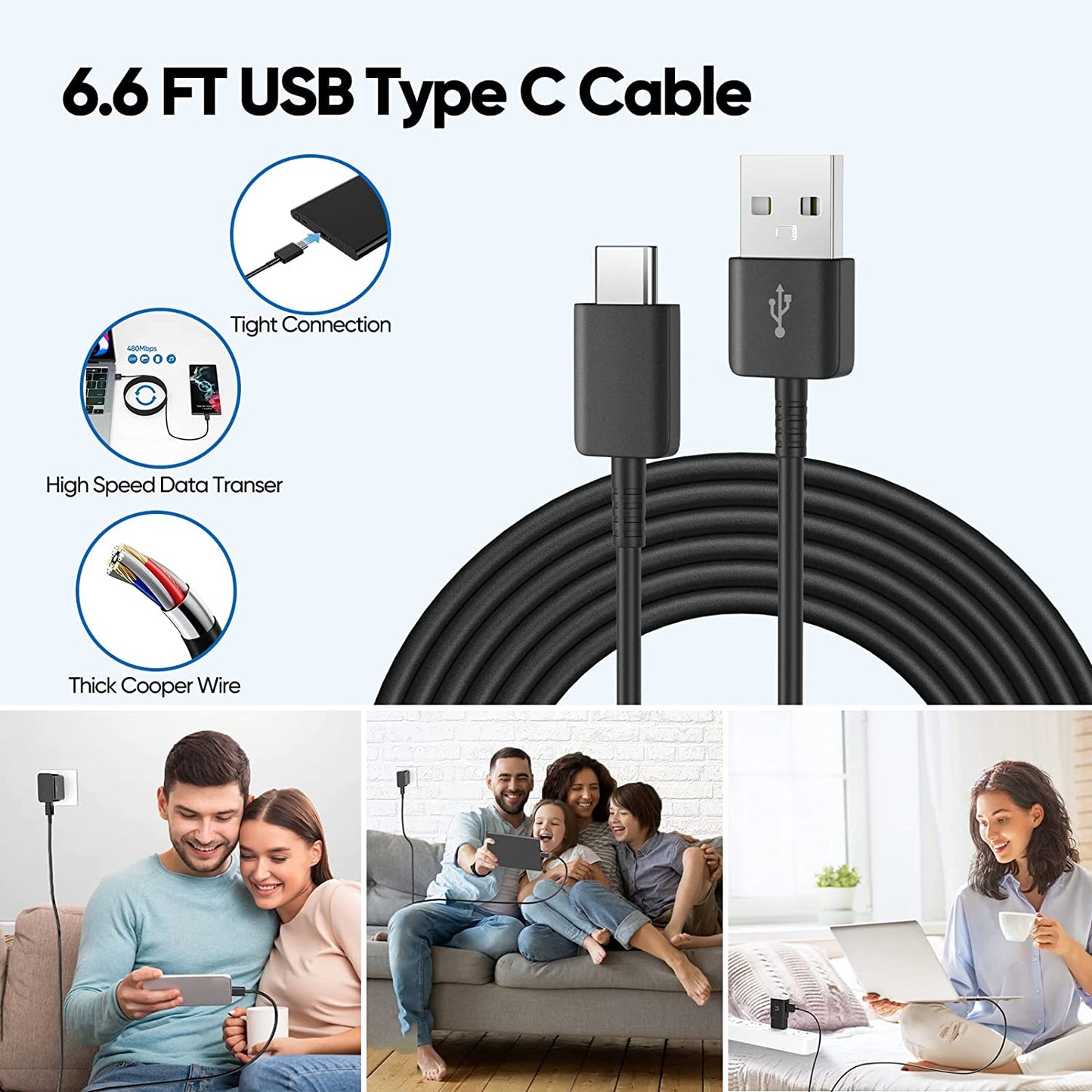 Home Wall Charger , USB-C AC Plug Long Cord Power Adapter 6ft Long USB-C Cable - NWG77