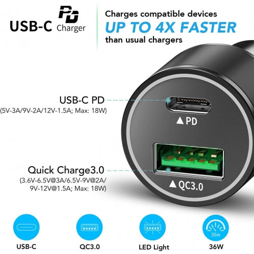 Quick Car Charger, Adapter Power USB-C Port PD Cable 36W - NWM62