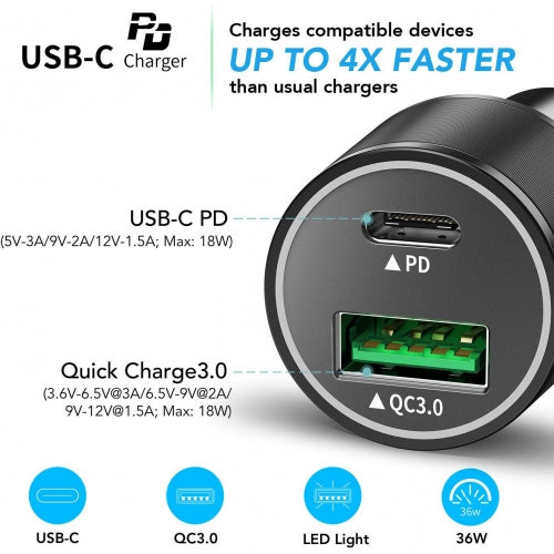 Quick Car Charger, Adapter Power Type-C PD 2-Port USB 36W - NWF49
