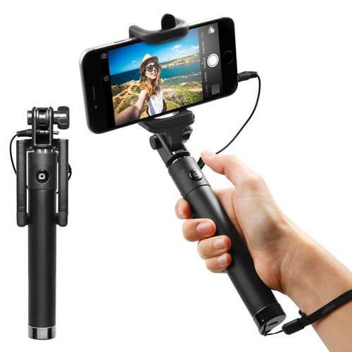 Wired Selfie Stick, Extendable Self-Portrait Built-in Remote Shutter Monopod - NWB41