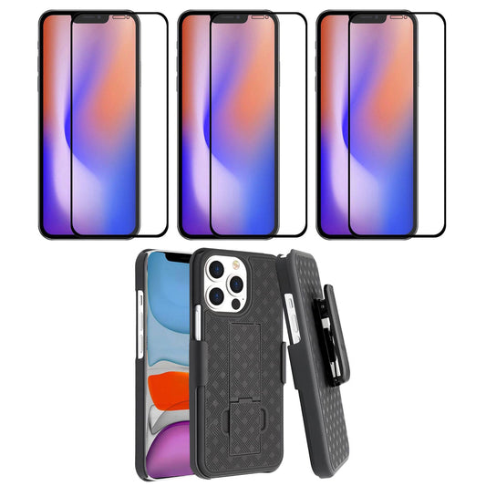 Belt Clip Case and 3 Pack Screen Protector, Anti-Glare 9H Hardness Kickstand Cover Tempered Glass Swivel Holster - NWA54+3Z31