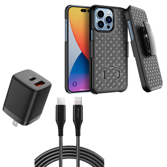 Belt Clip Case and Fast Home Charger Combo, 2-Port Quick Charge Kickstand Cover 6ft Long USB-C Cable PD Type-C Power Adapter Swivel Holster - NWZ15