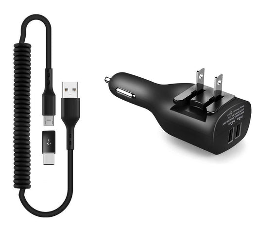 2-in-1 Car Home Charger, Black Power Wire Charger Cord Micro-USB to USB-C Adapter Coiled USB Cable - NWE96