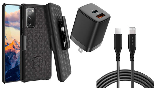 Belt Clip Case and Fast Home Charger Combo, 2-Port Quick Charge Kickstand Cover 6ft Long USB-C Cable PD Type-C Power Adapter Swivel Holster - NWA83+G88