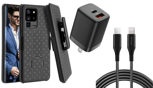 Belt Clip Case and Fast Home Charger Combo, 2-Port Quick Charge Kickstand Cover 6ft Long USB-C Cable PD Type-C Power Adapter Swivel Holster - NWSC1+G88