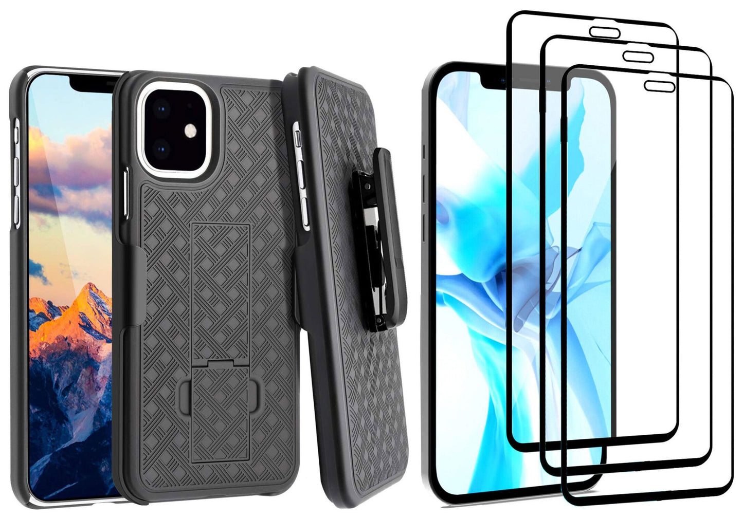 Belt Clip Case and 3 Pack Screen Protector, 3D Matte Kickstand Cover Tempered Glass Swivel Holster - NWM90+3R63