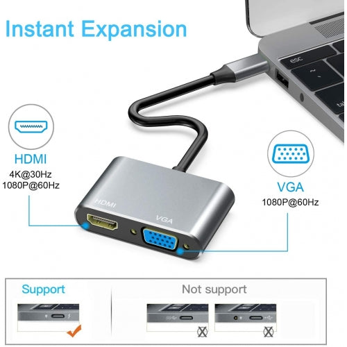 USB-C to HDMI VGA Adapter, Projector Converter TV Video Hub HDTV Cable Video Splitter - NWF91
