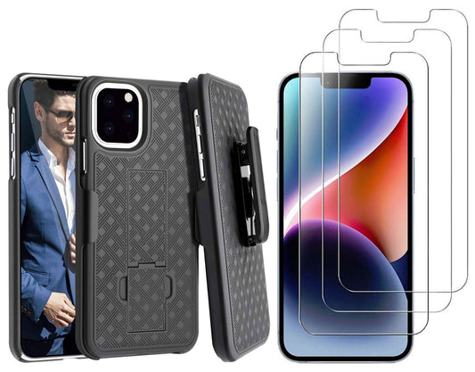 Belt Clip Case and 3 Pack Screen Protector, 3D Curved Edge Matte Kickstand Cover Tempered Glass Swivel Holster - NWM27+3R60