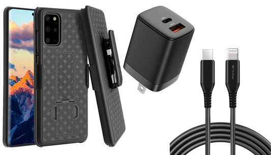 Belt Clip Case and Fast Home Charger Combo, 2-Port Quick Charge Kickstand Cover 6ft Long USB-C Cable PD Type-C Power Adapter Swivel Holster - NWSC2+G88