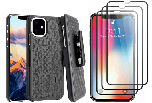 Belt Clip Case and 3 Pack Screen Protector, 3D Curved Edge Matte Kickstand Cover Tempered Glass Swivel Holster - NWJ44+3R62