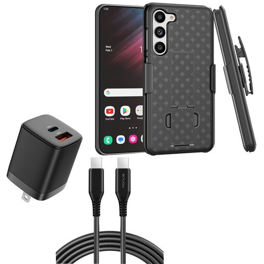 Belt Clip Case and Fast Home Charger Combo, 2-Port Quick Charge Kickstand Cover 6ft Long USB-C Cable PD Type-C Power Adapter Swivel Holster - NWZ48