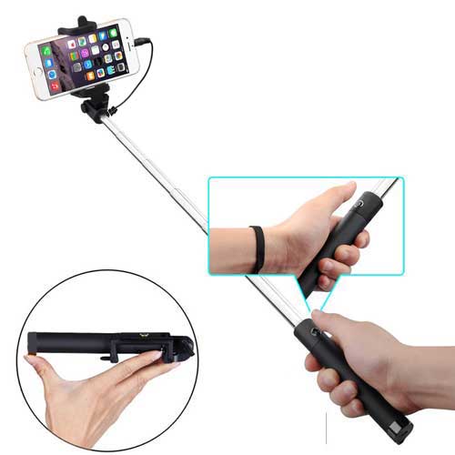 Wired Selfie Stick, Extendable Self-Portrait Built-in Remote Shutter Monopod - NWB41