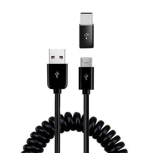 Coiled USB Cable, Black Sync Power Wire Micro-USB to USB-C Adapter Charger Cord - NWK81 1881-1